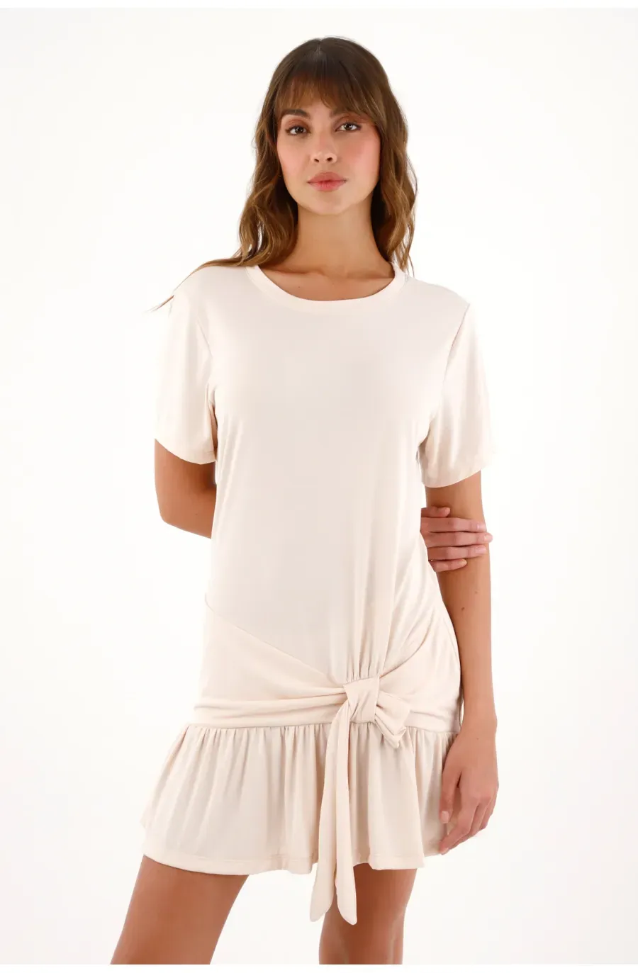 Vestido corto con bolero en ruedo crudo para mujer
