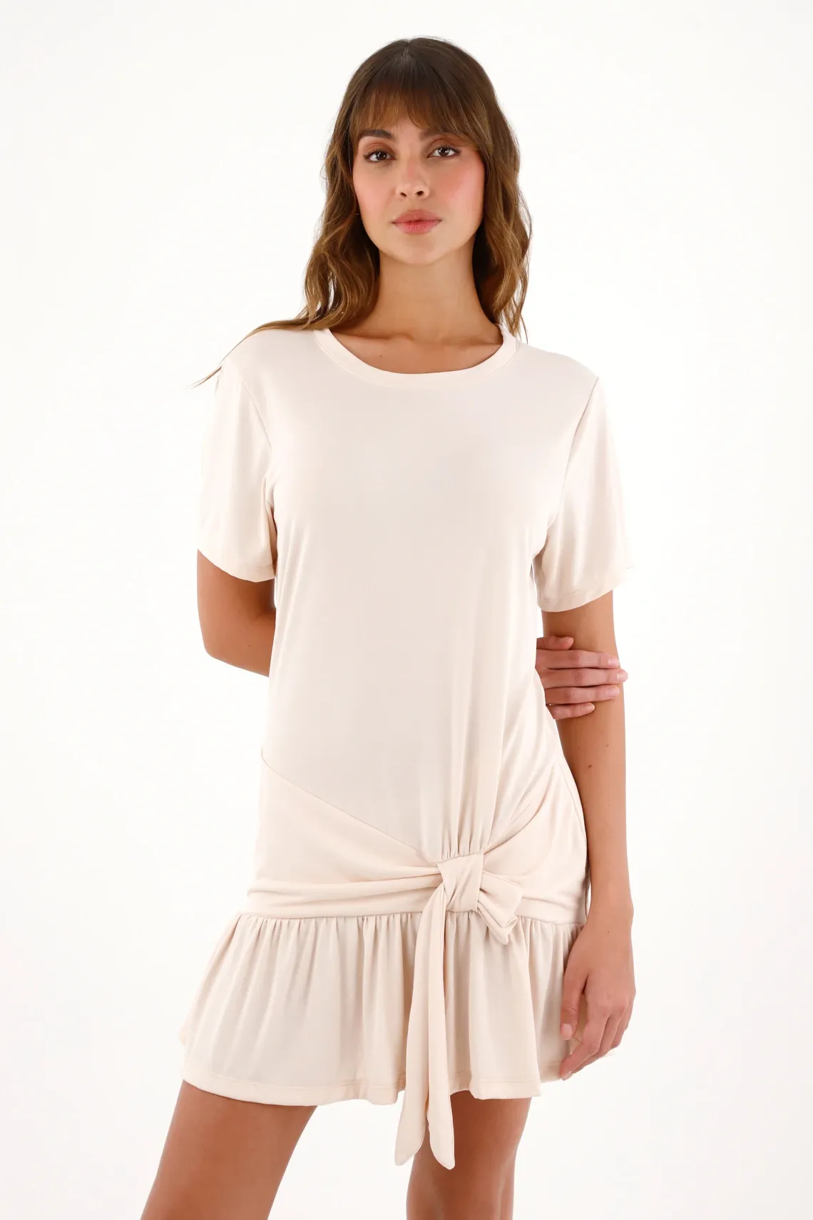 Vestido corto con bolero en ruedo crudo para mujer