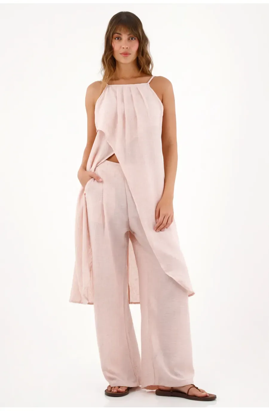 Camisa larga con prenses rosada para mujer
