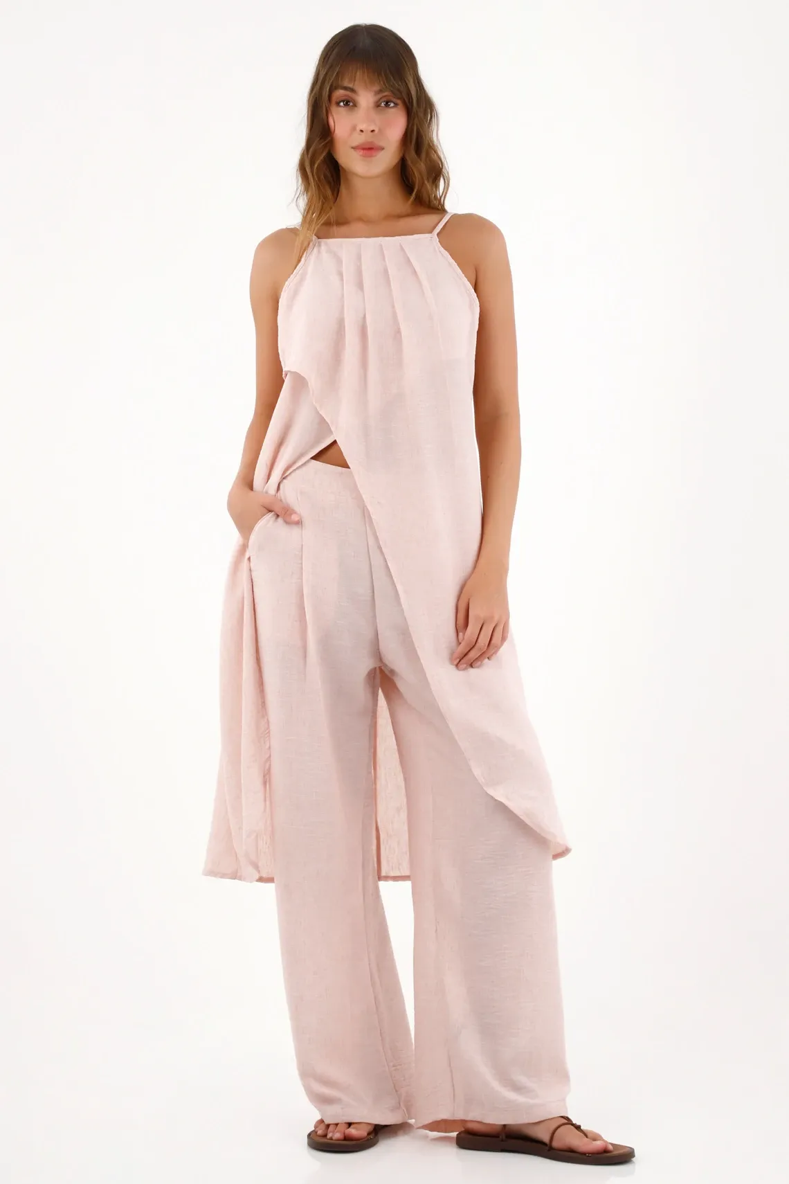 Camisa larga con prenses rosada para mujer