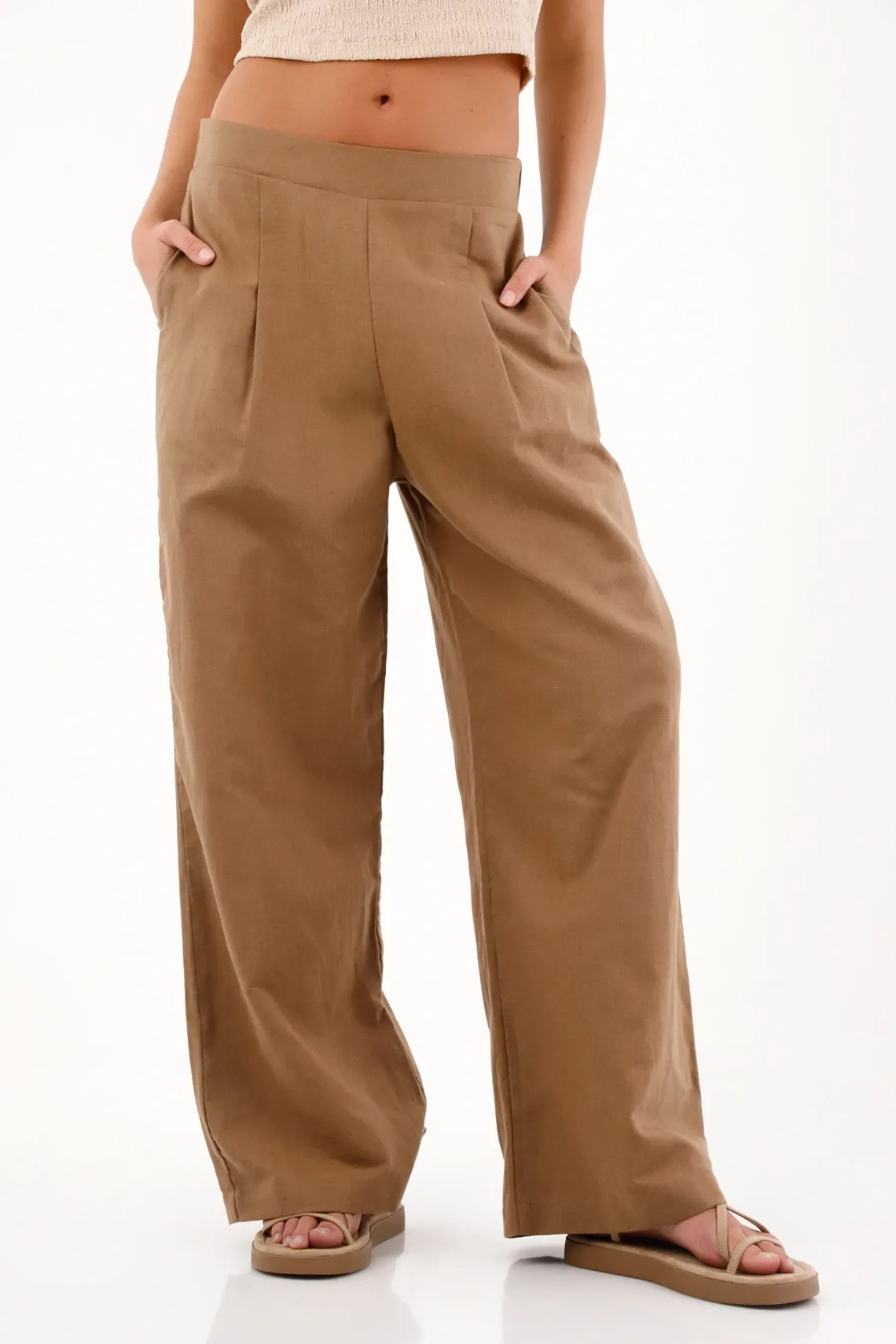 Pantalón Wide Leg con pretina elástica café para mujer
