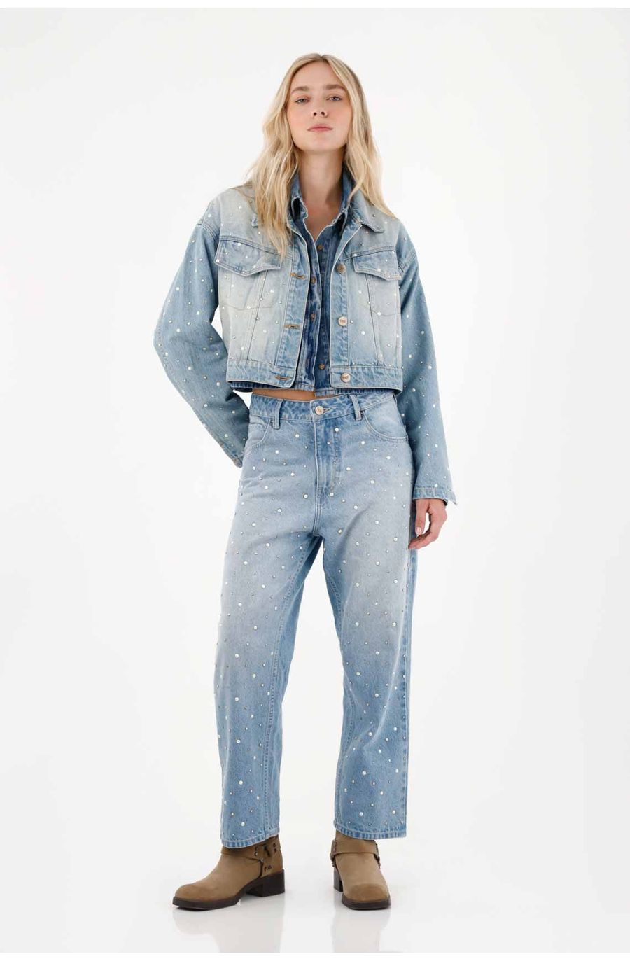 Jean Recto con apliques de brillo azul para mujer