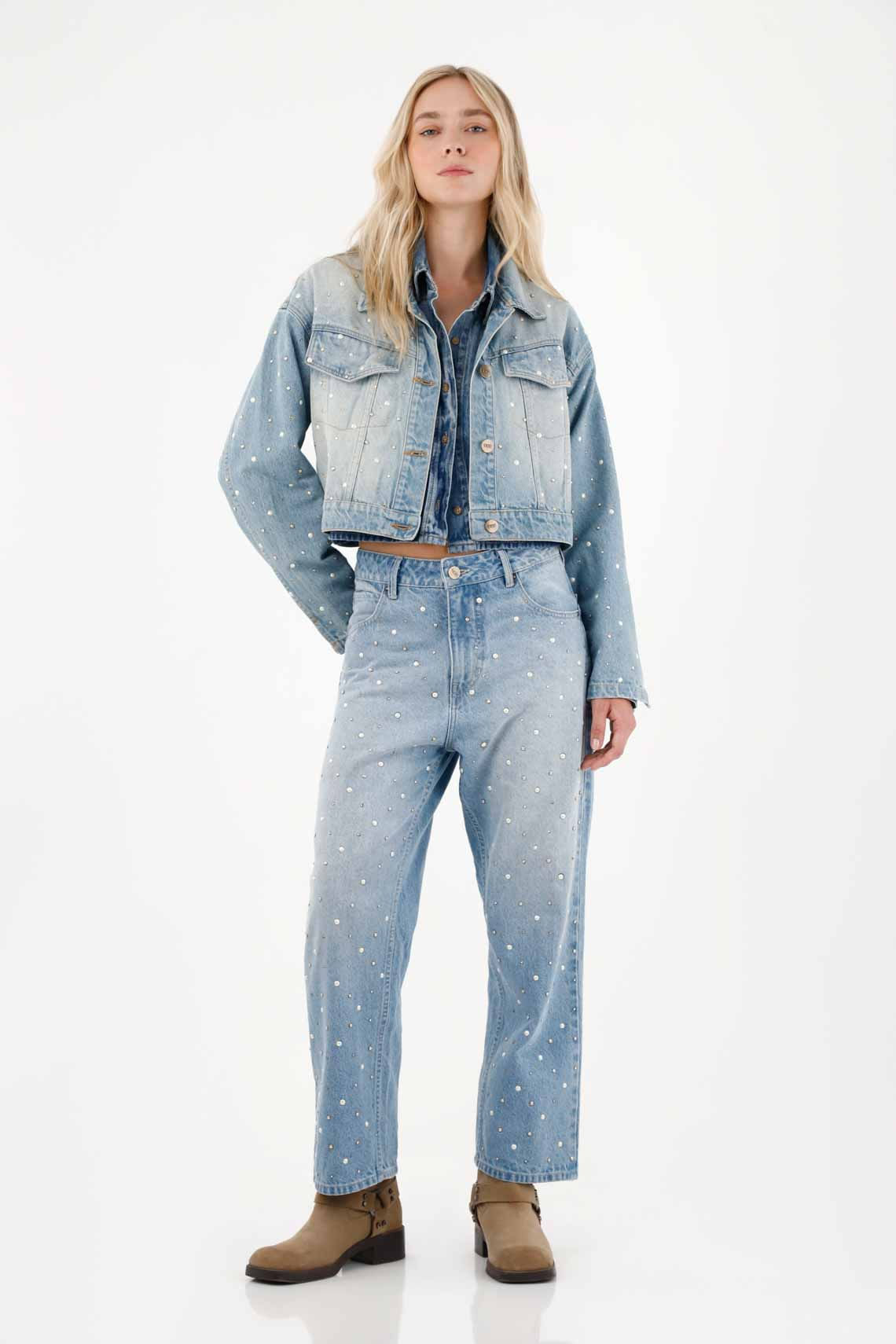 Jean Recto con apliques de brillo azul para mujer