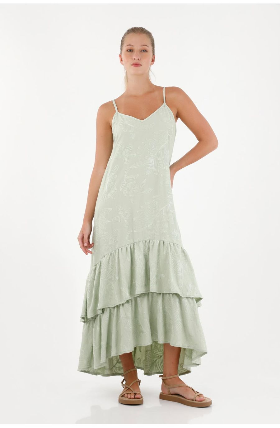 Vestido largo en tela de flores verde para mujer