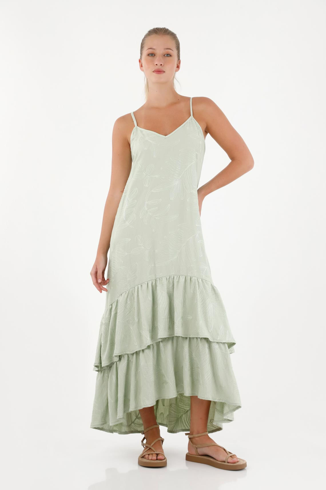 Vestido largo en tela de flores verde para mujer