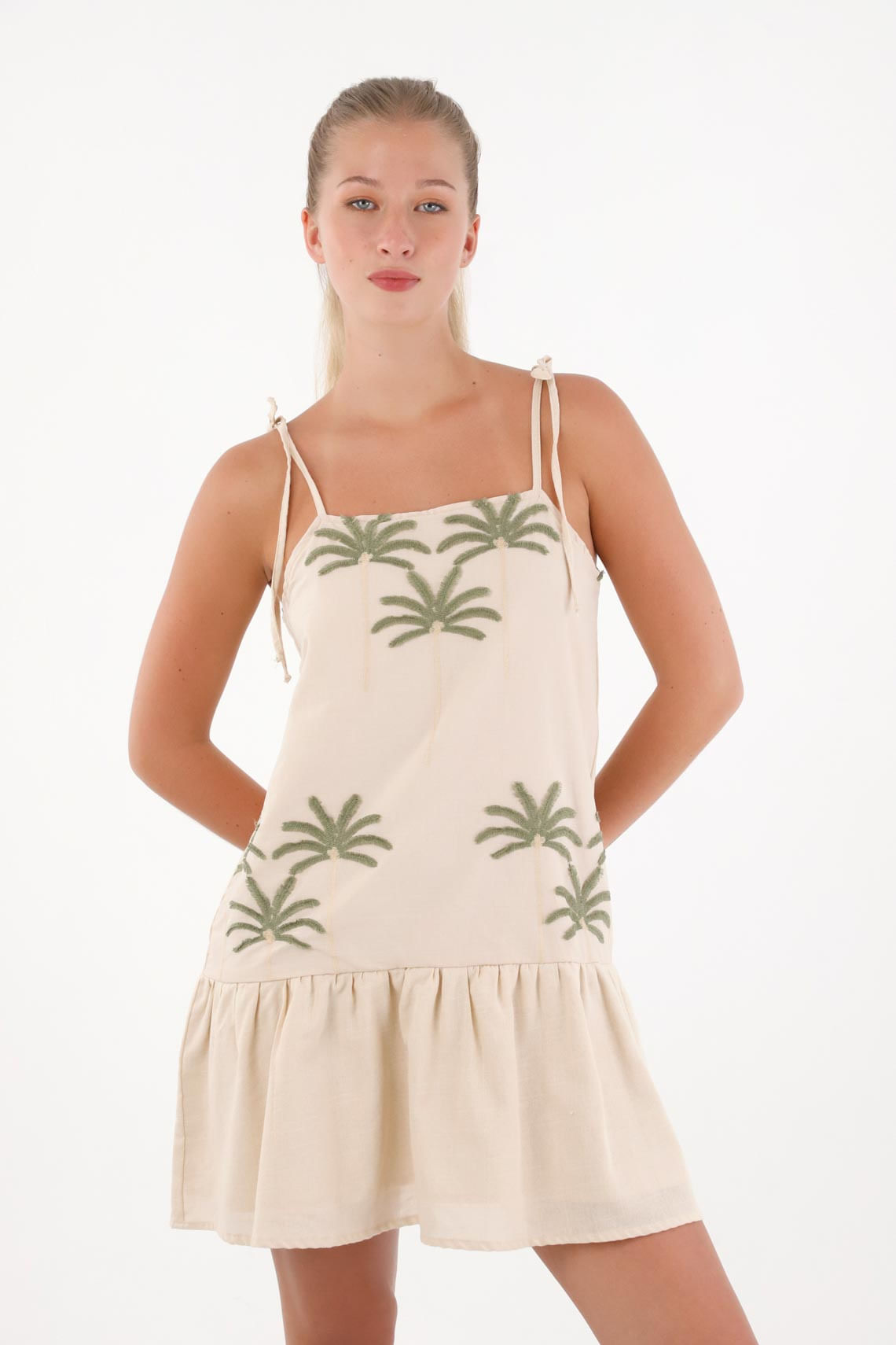 Vestido corto con bordado de palmeras para mujer