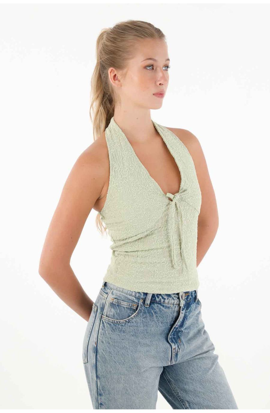 Camiseta con escote en espalda verde para mujer