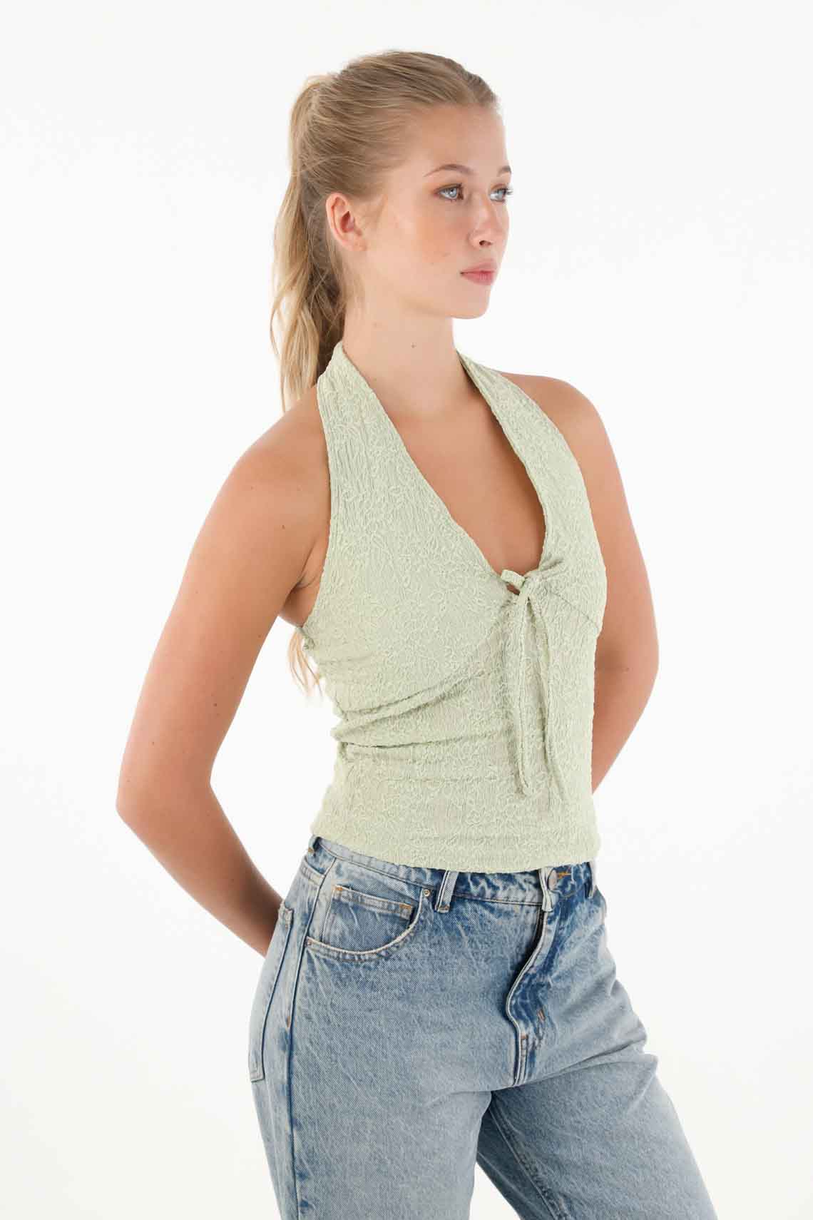 Camiseta con escote en espalda verde para mujer
