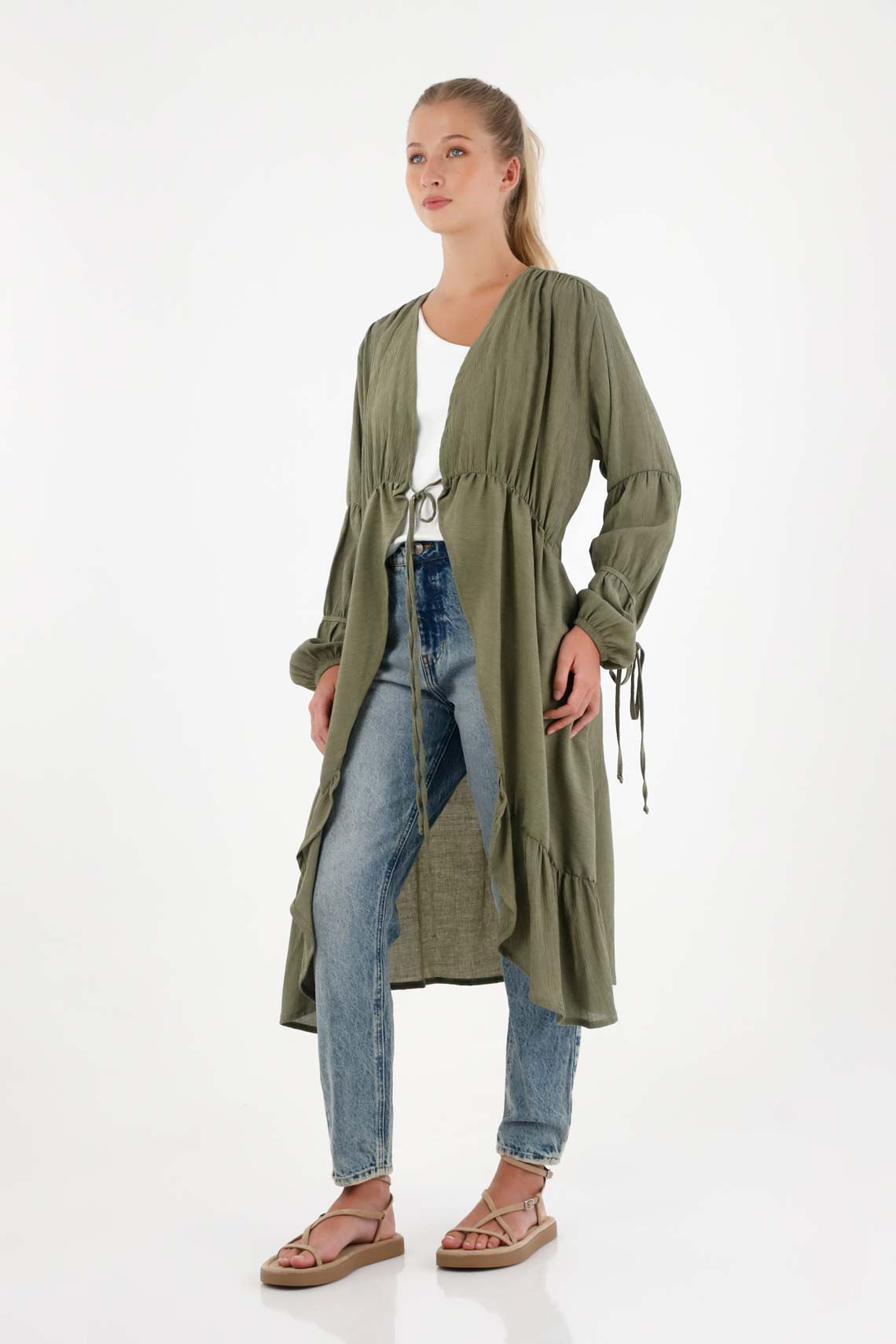 Kimono con tela texturizada verde para mujer