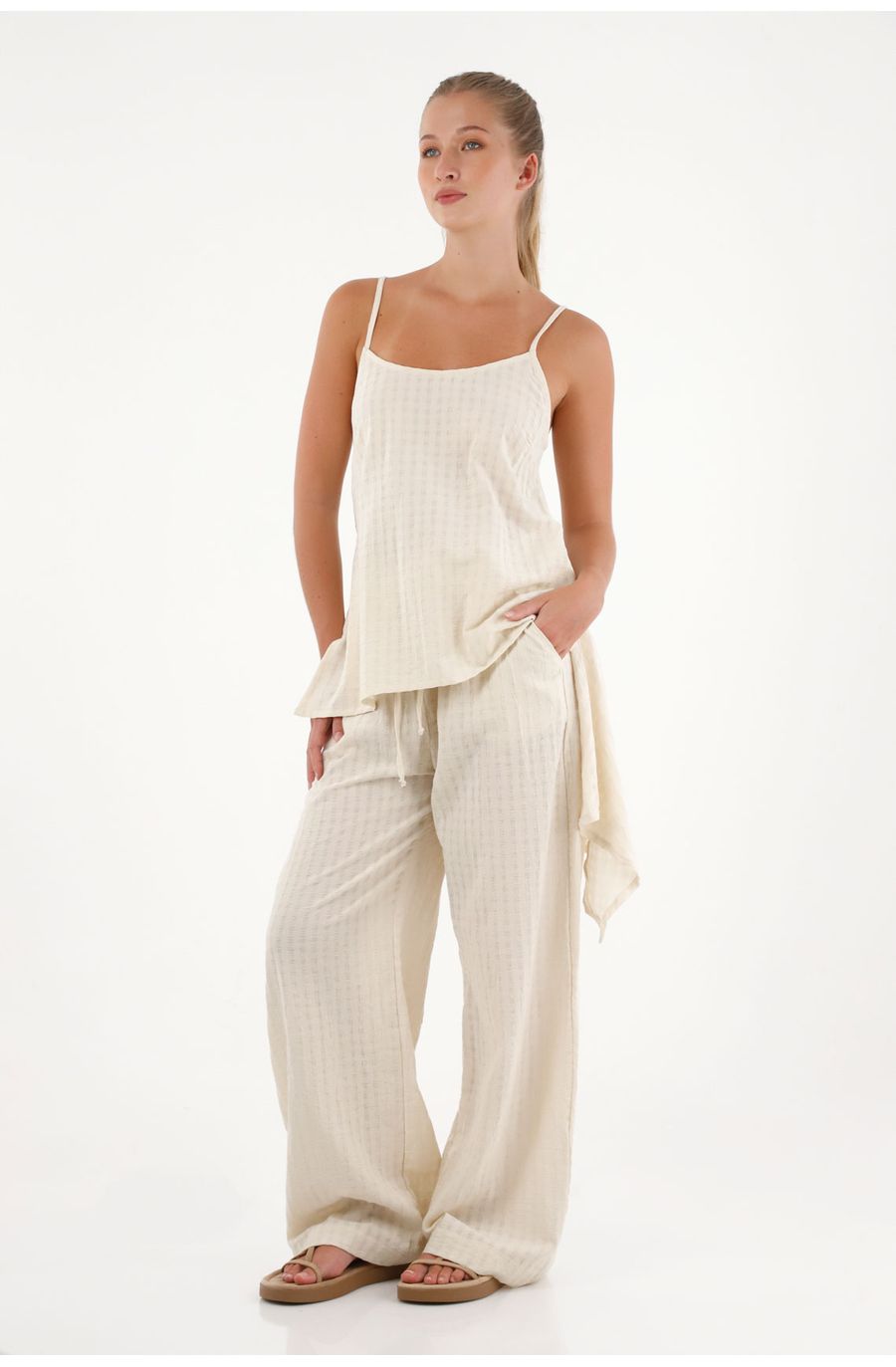 Pantalón Wide Leg tiro medio crudo para mujer