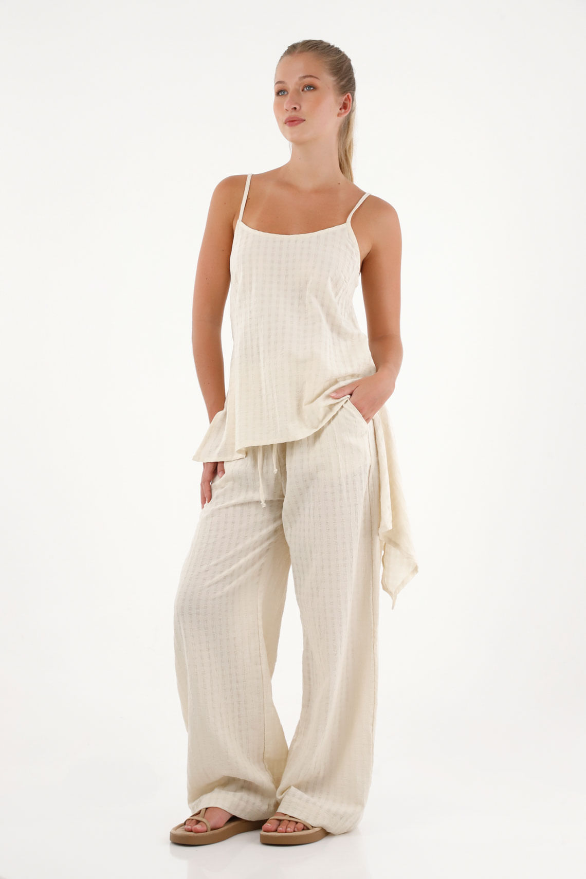 Pantalón Wide Leg tiro medio crudo para mujer