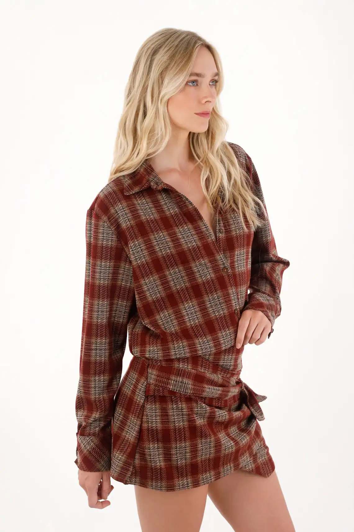 Camisa de cuadros manga larga roja para mujer