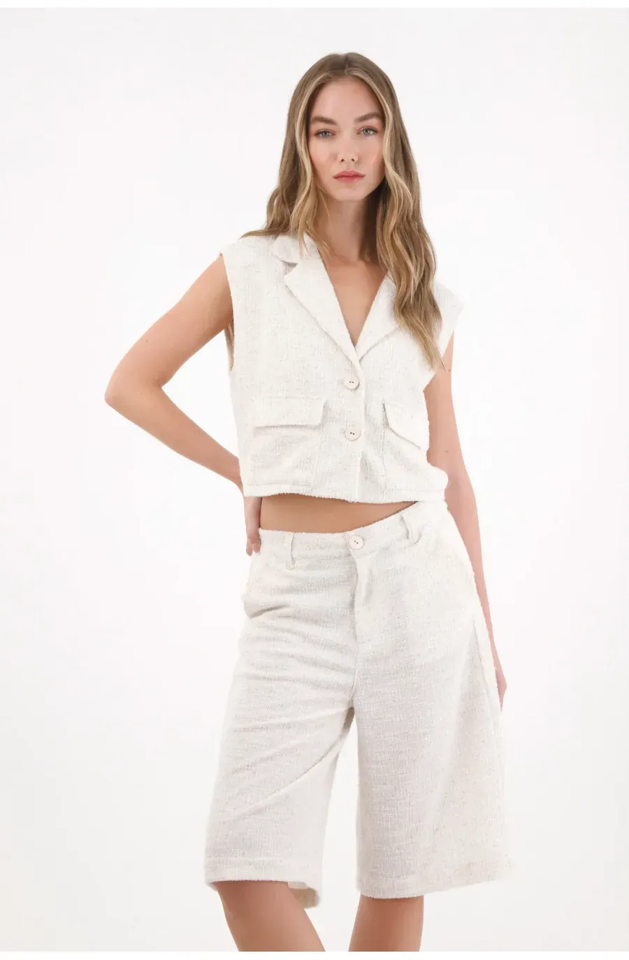 Bermuda larga en tweed blanca para mujer