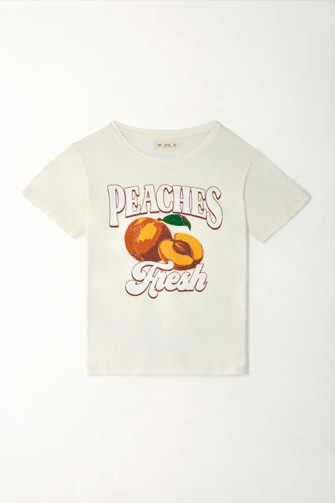 Camiseta básica con estampado de duraznos crudo para mujer