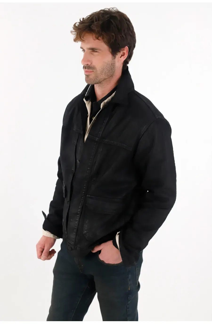 Chaqueta en bull denim resinada negra para hombre