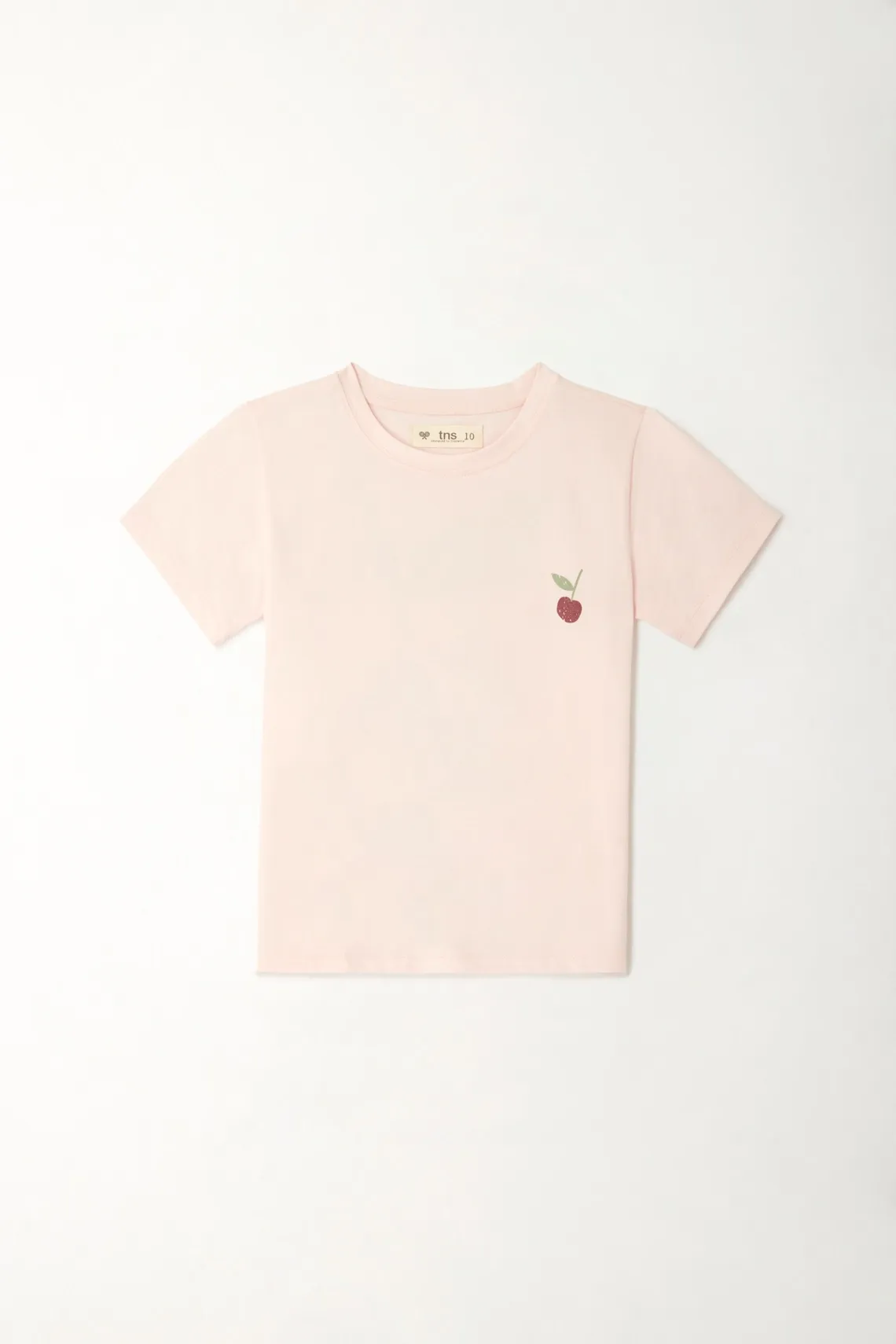 Camiseta básica con estampado cerezas rosada para niña