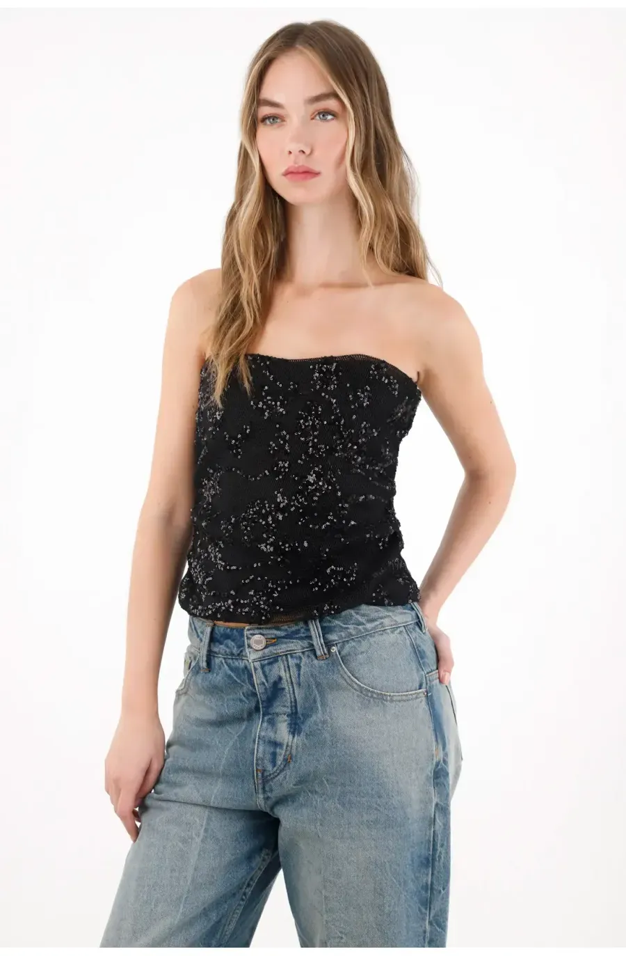 Camisa strapless de lentejuelas negra para mujer