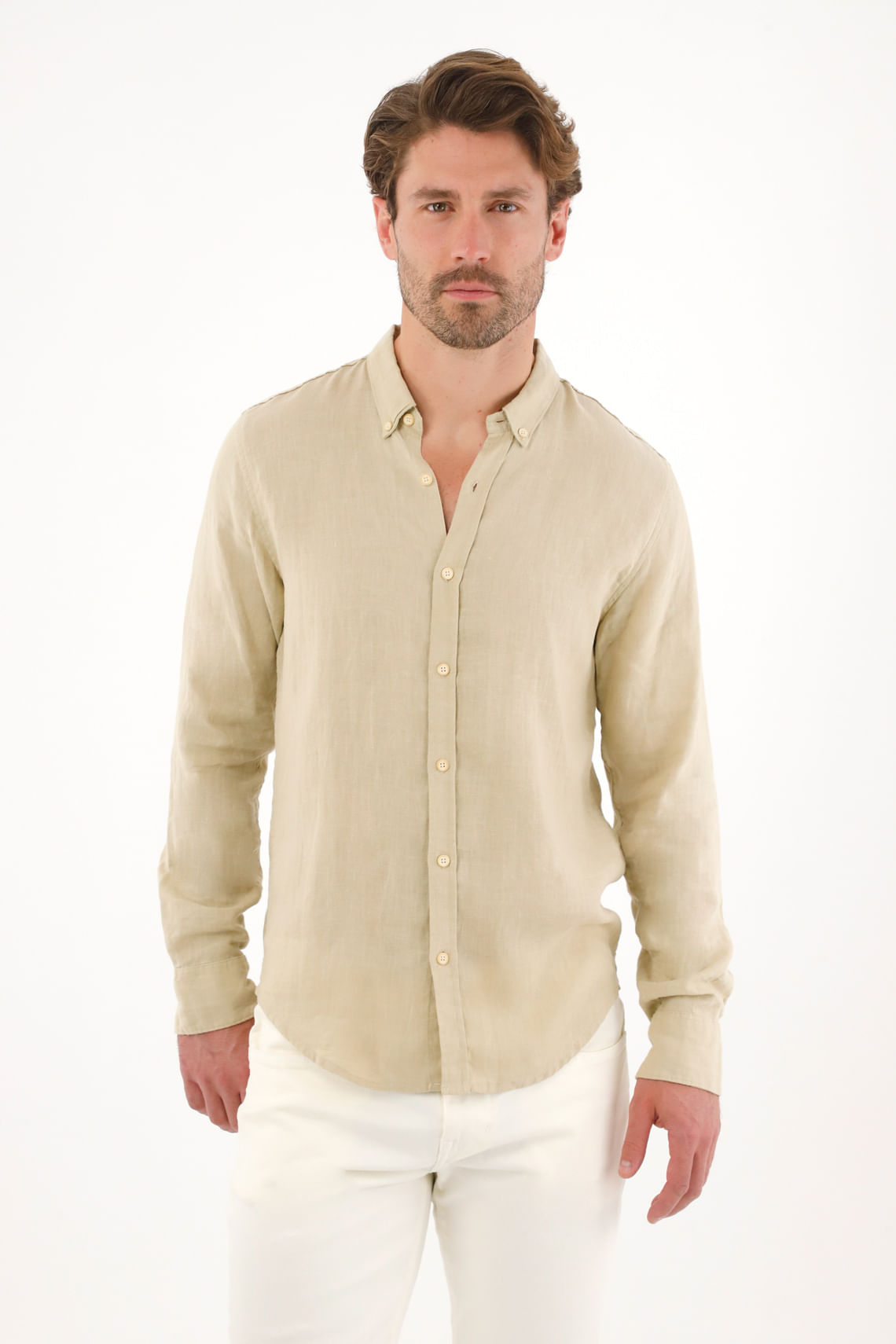 Camisa en 100% lino manga larga verde para hombre