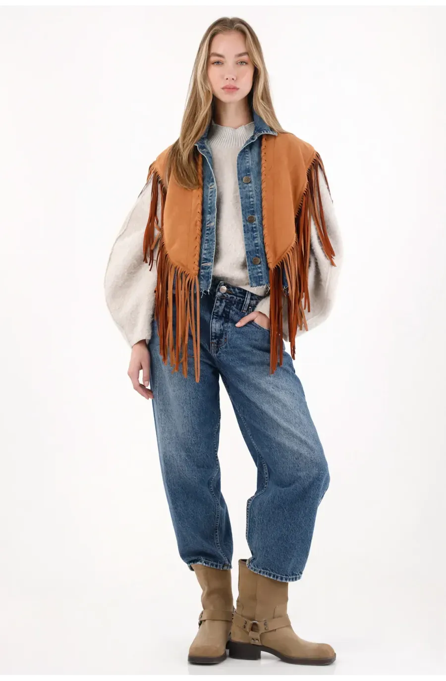 Chaleco en denim con flecos para mujer
