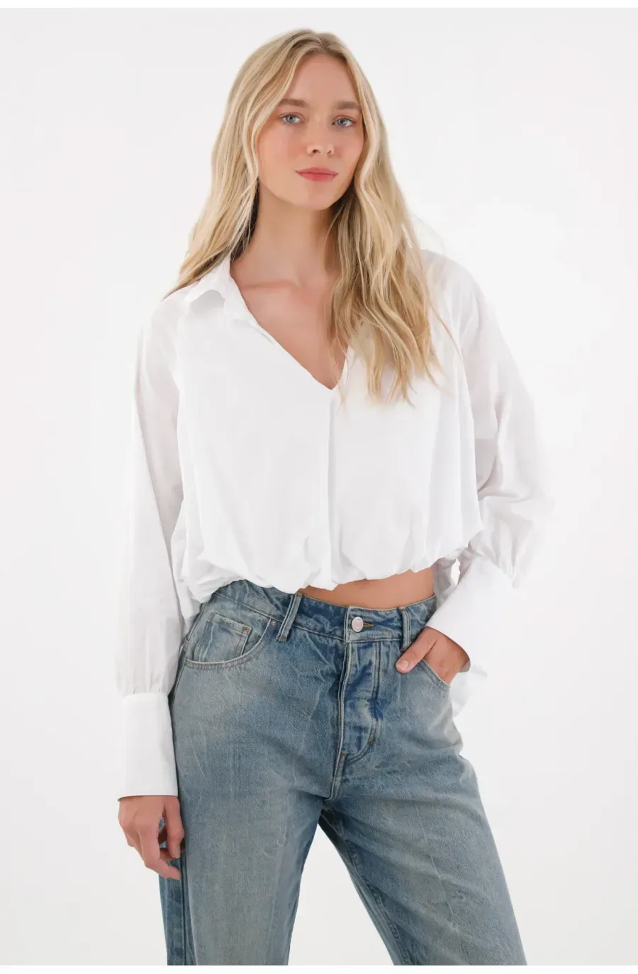 Camisa de silueta tipo globo blanca para mujer