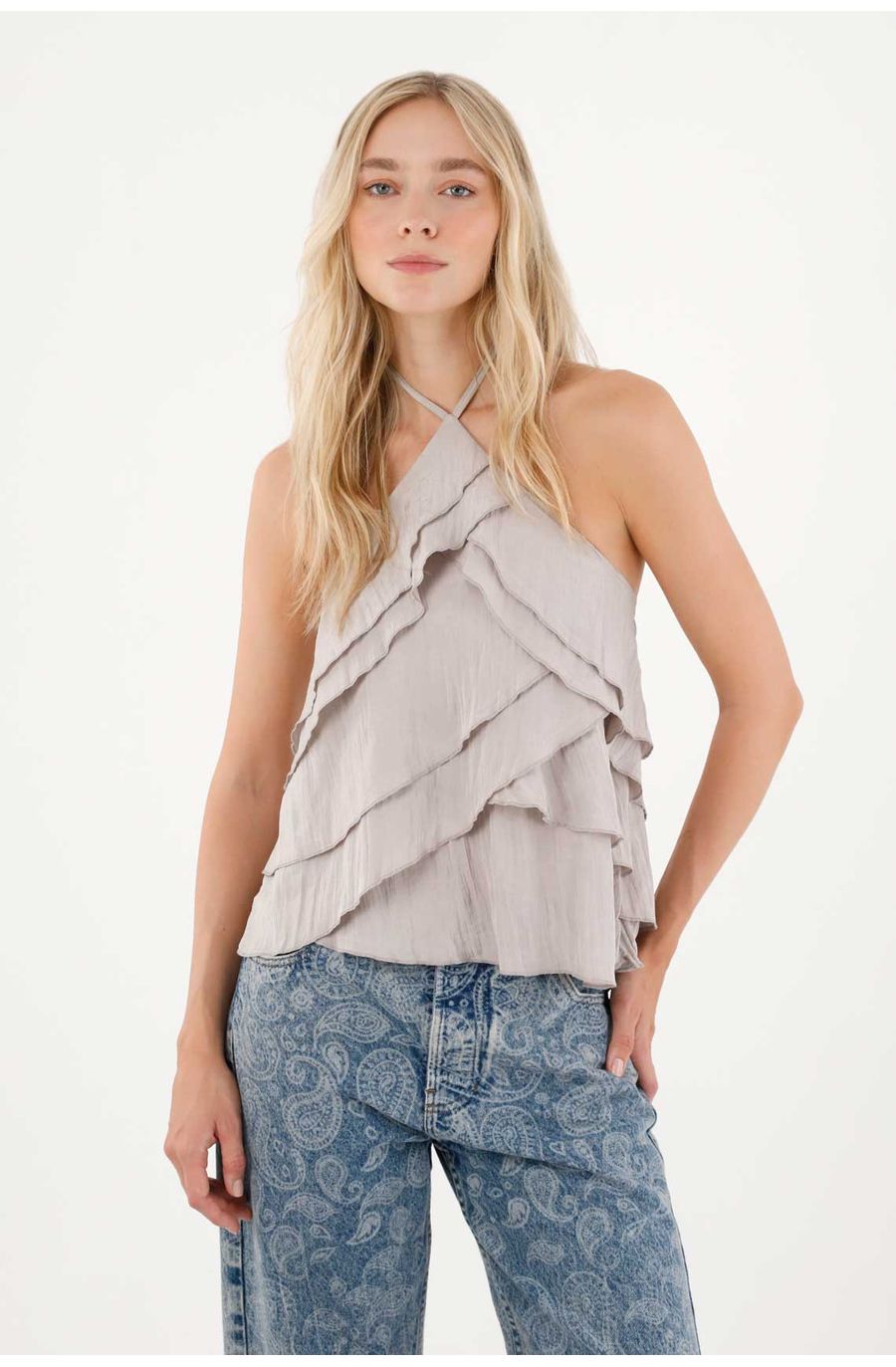 Camisa con boleros y detalles de brillo gris para mujer