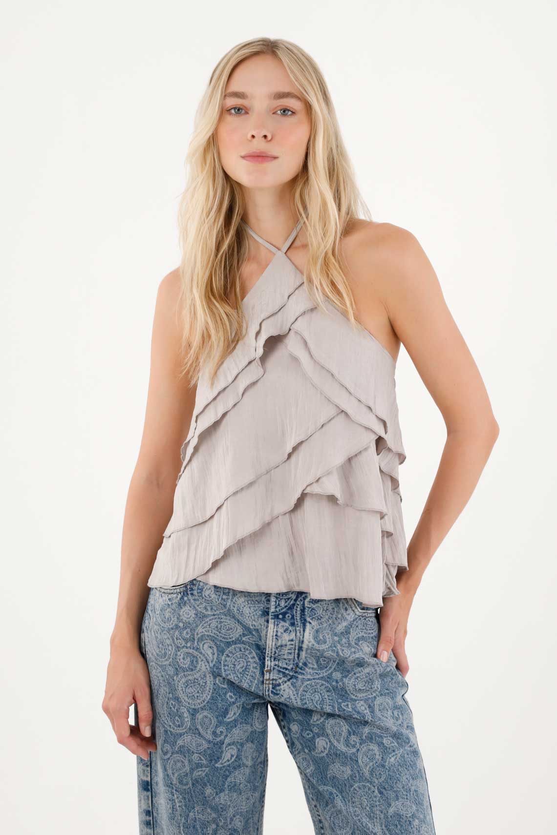 Camisa con boleros y detalles de brillo gris para mujer