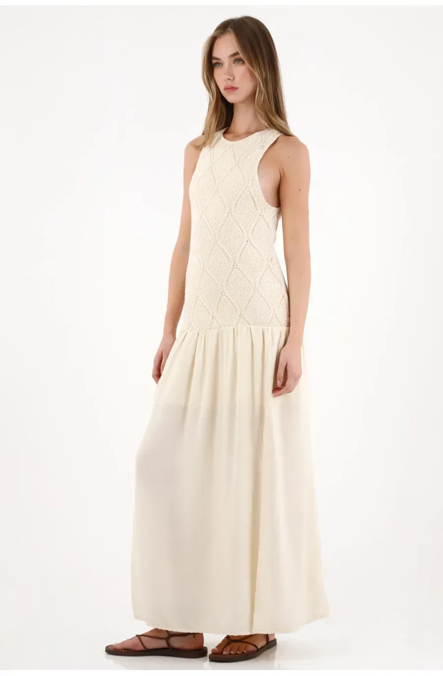 Vestido largo manga sisa crudo para mujer