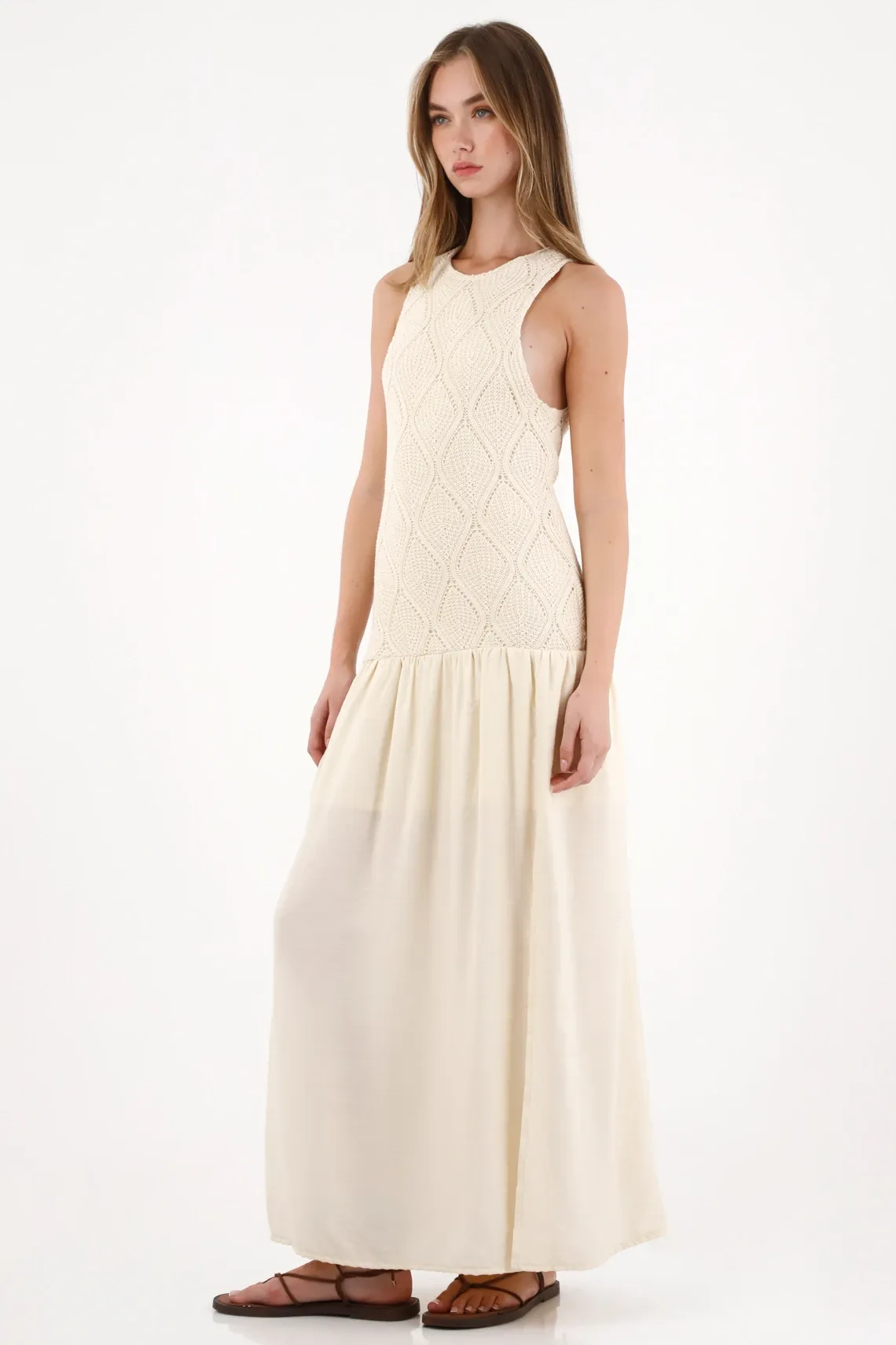 Vestido largo manga sisa crudo para mujer
