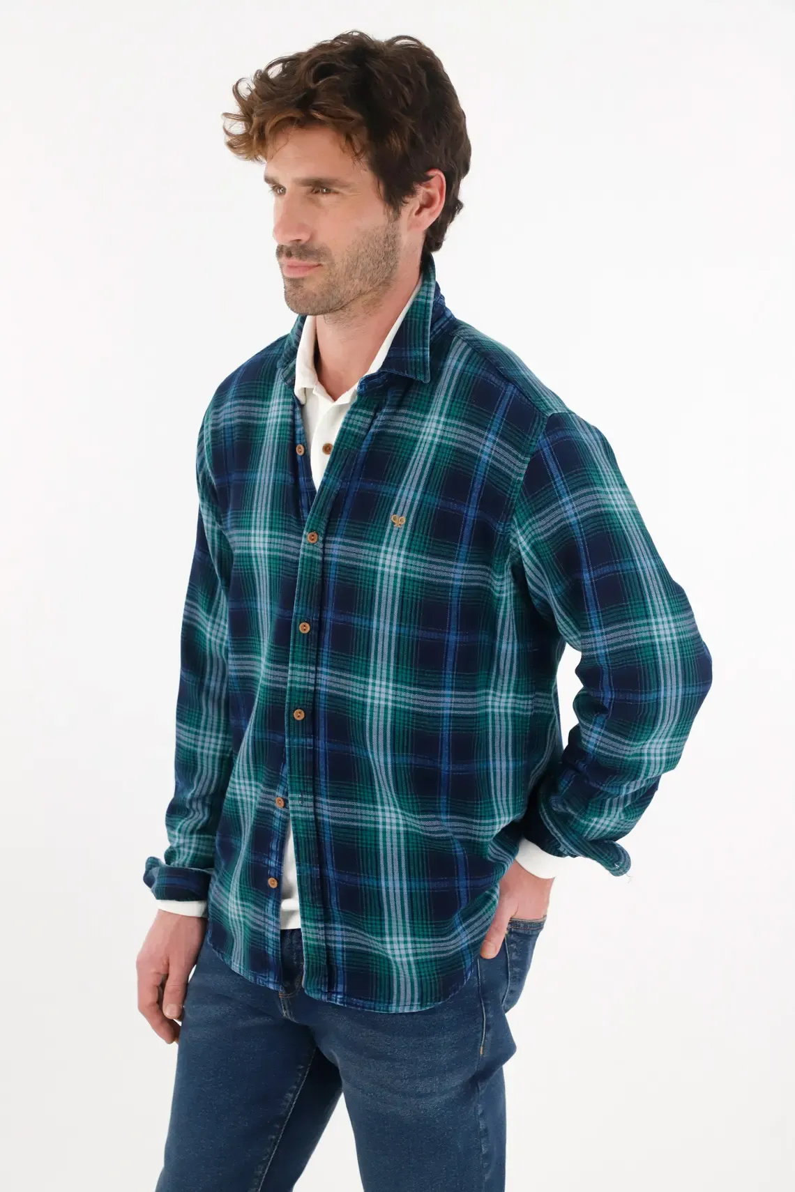 Camisa tipo leñadora a cuadros verde para hombre