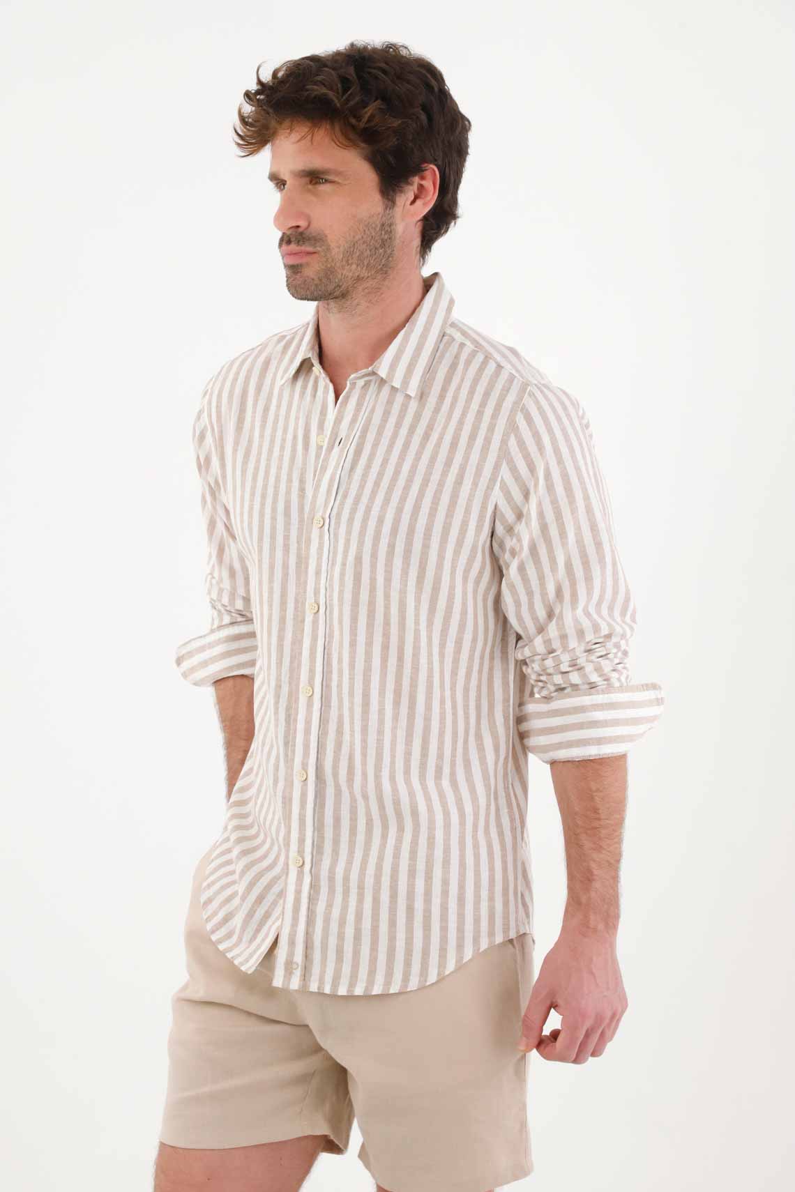 Camisa a rayas en mezcla lino café para hombre