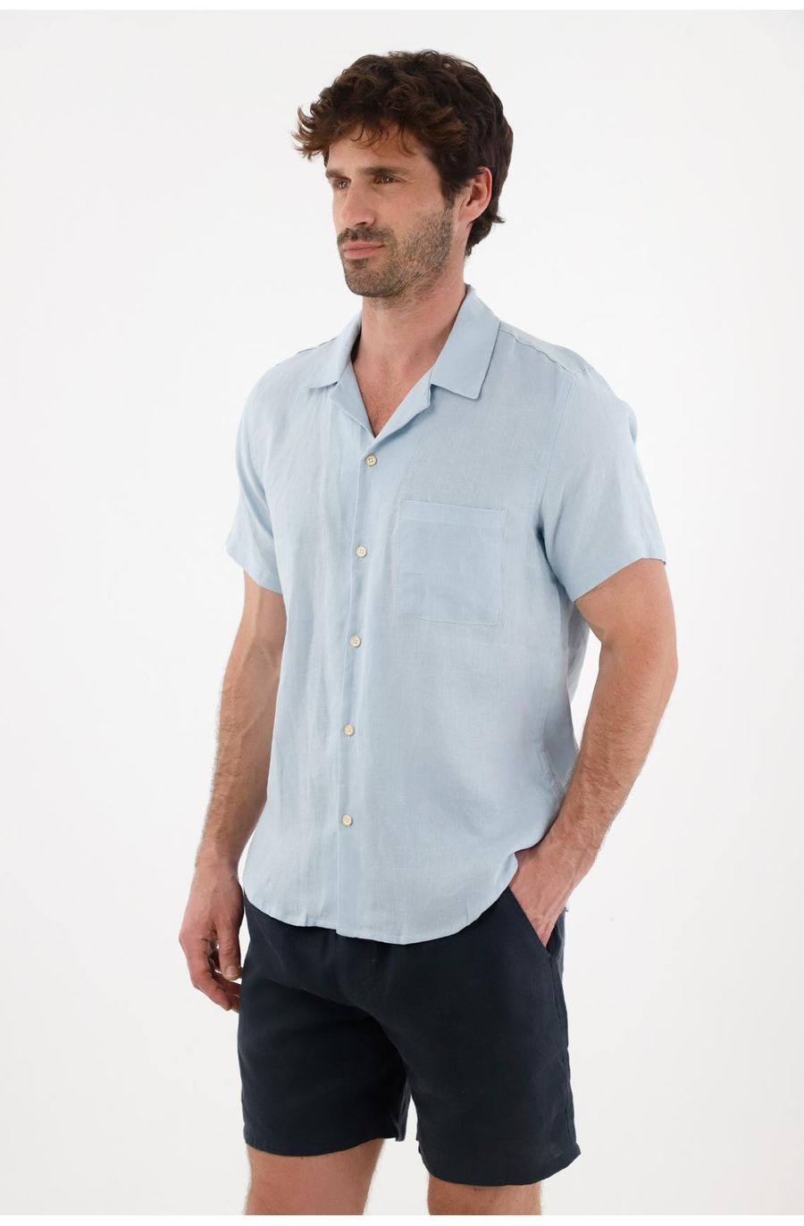 Camisa tipo bowling en lino azul para hombre