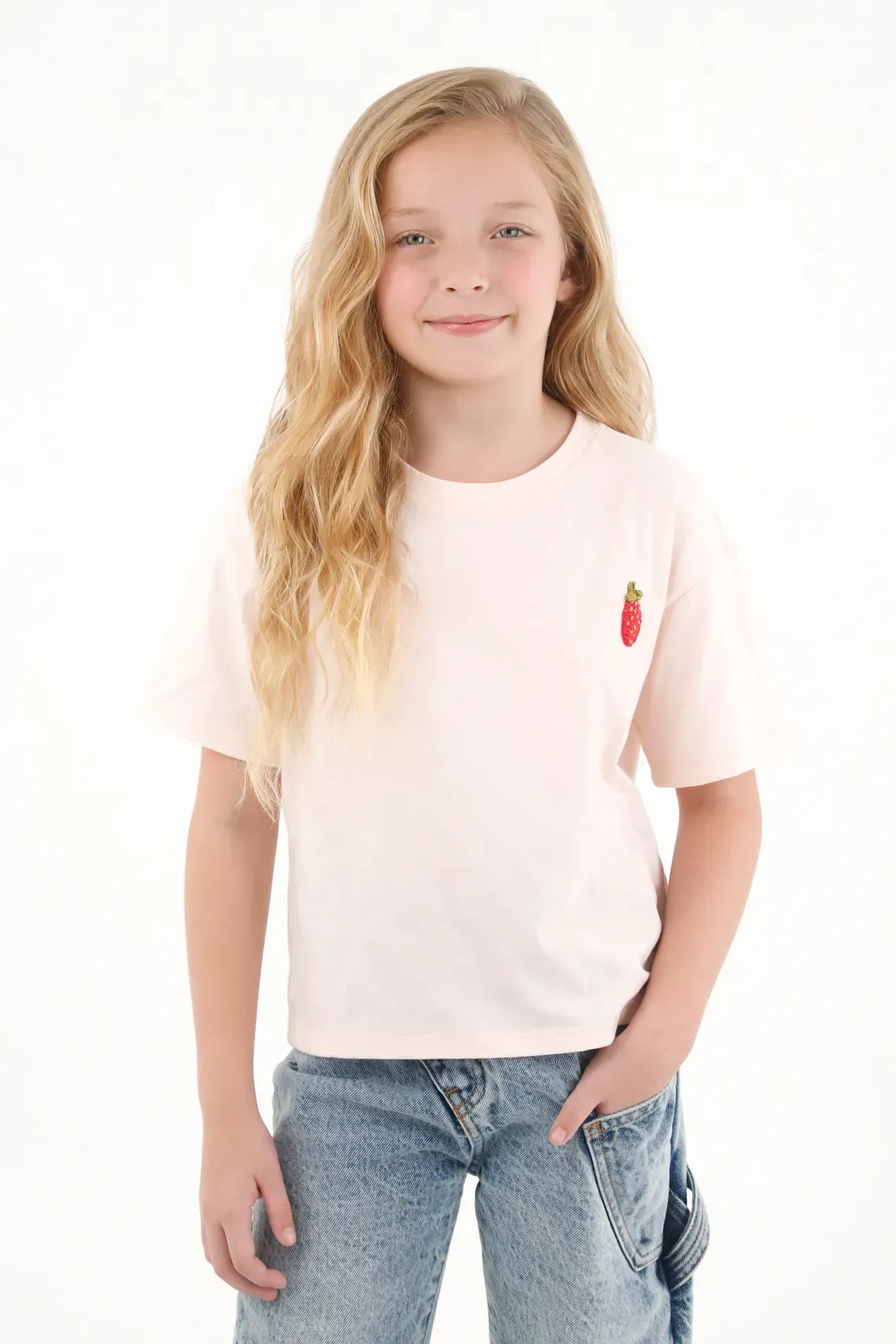 Camiseta básica manga corta rosada para niña