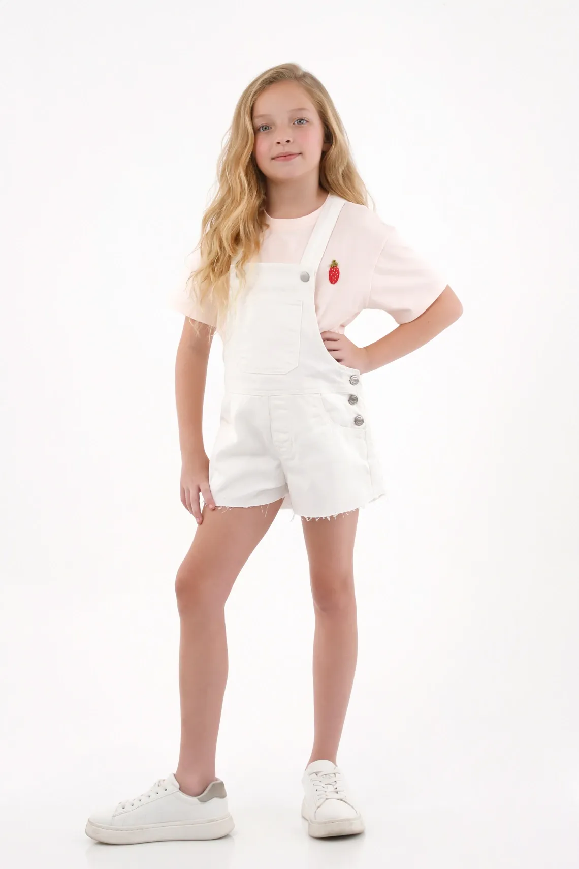 Overall corto en denim blanco para niña