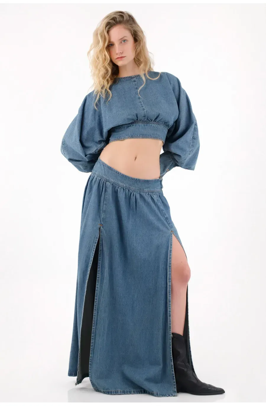 Falda larga denim con aberturas azul para mujer