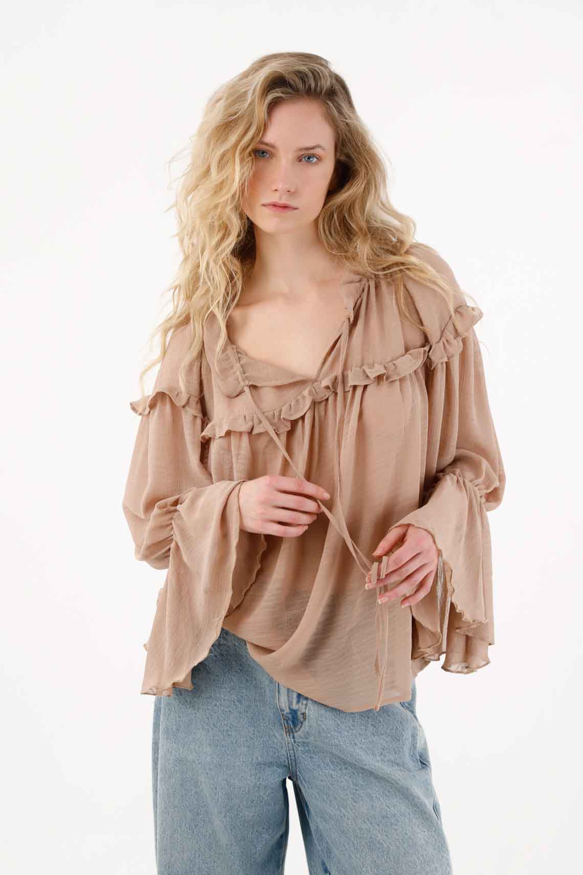 Camisa en tela chifón con boleros rosada para mujer