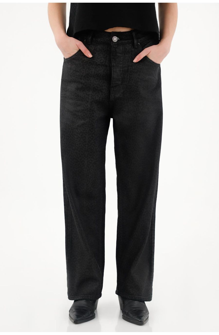 Pantalón con efecto resinado animal print negro para mujer