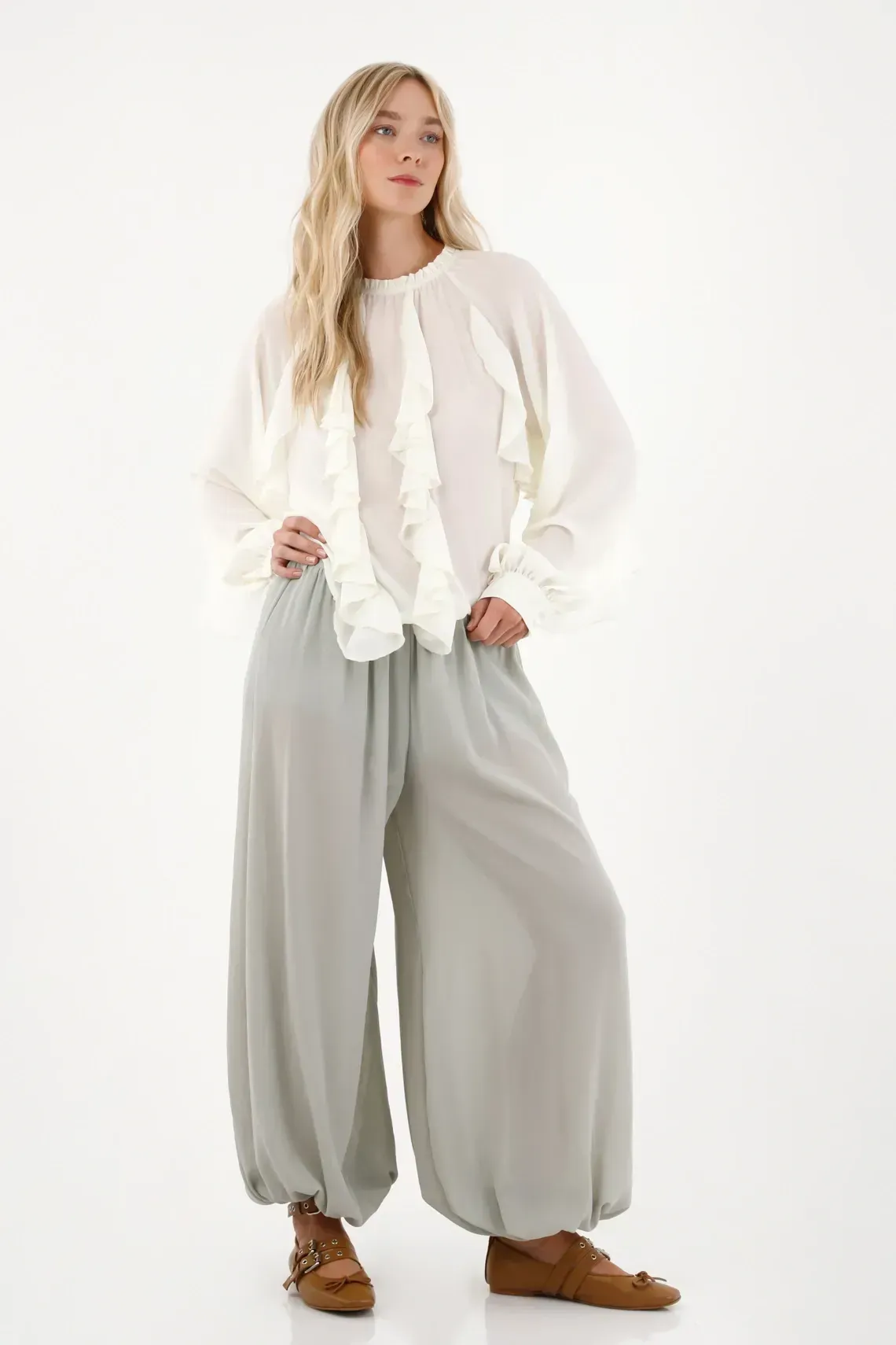 Pantalón aladino en tela chifón verde para mujer