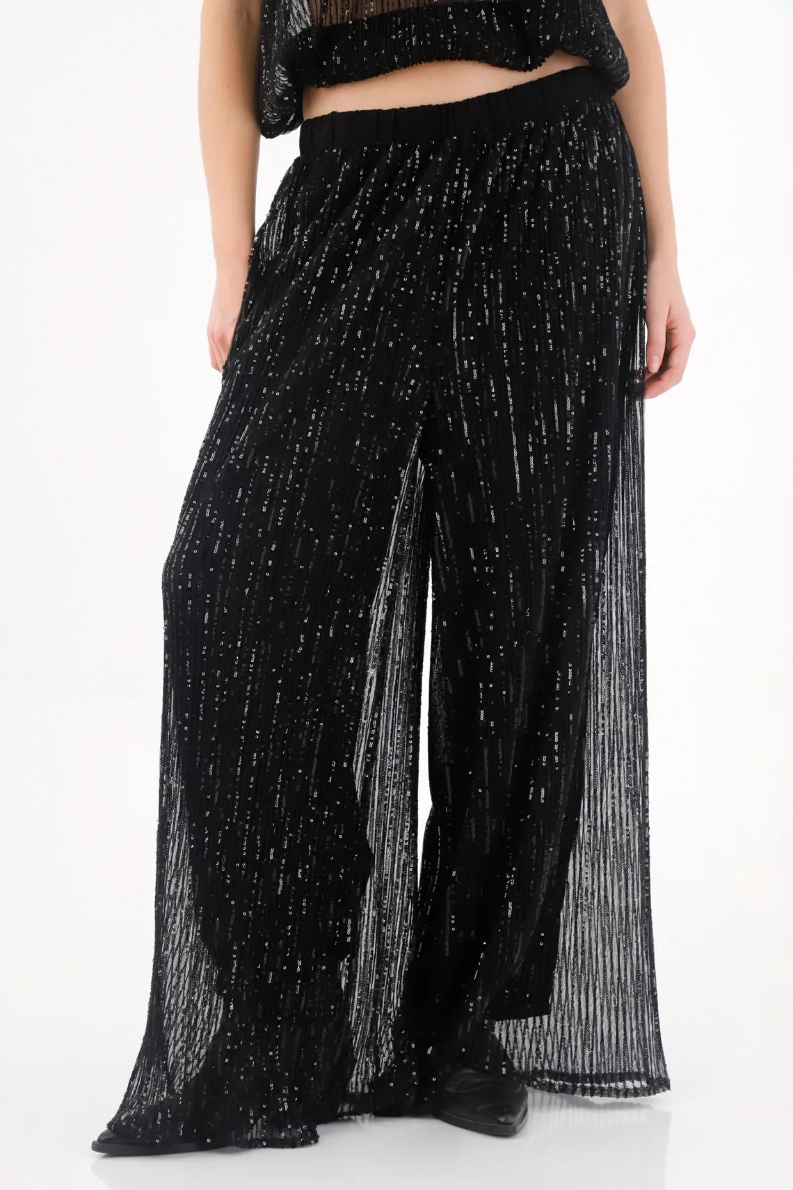 Pantalón Wide Leg de lentejuelas negro para mujer