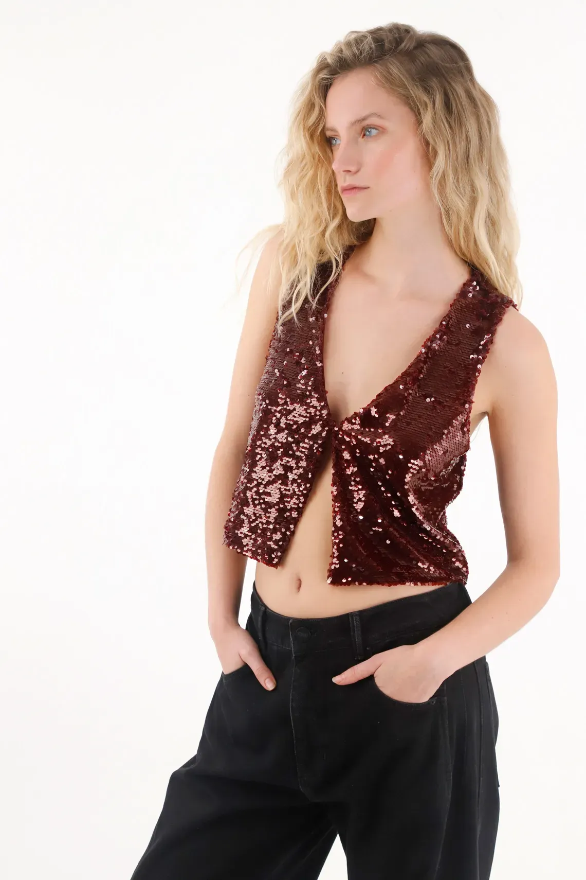 Chaleco en lentejuelas con abertura para mujer