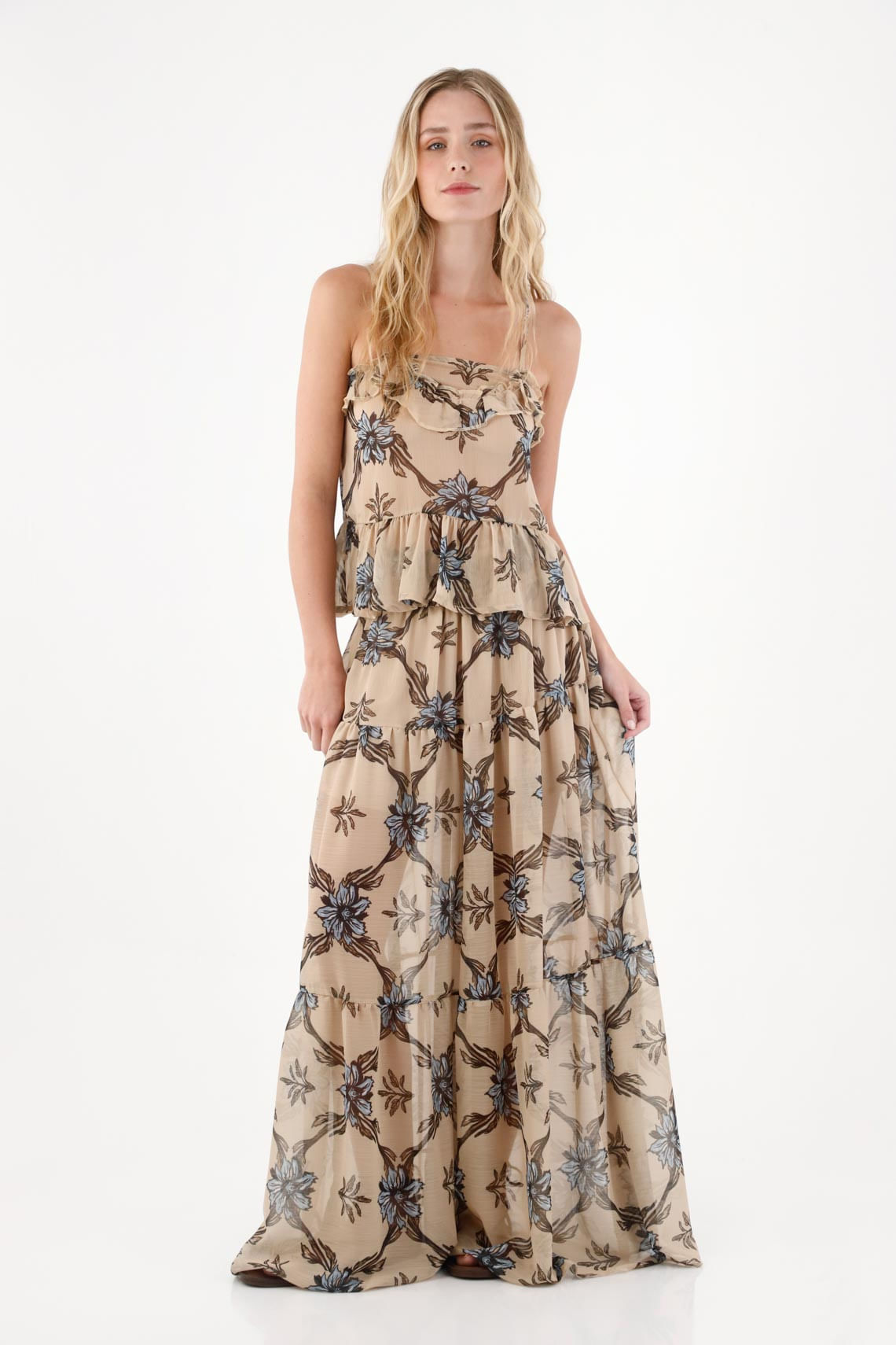 Falda larga con flores café para mujer