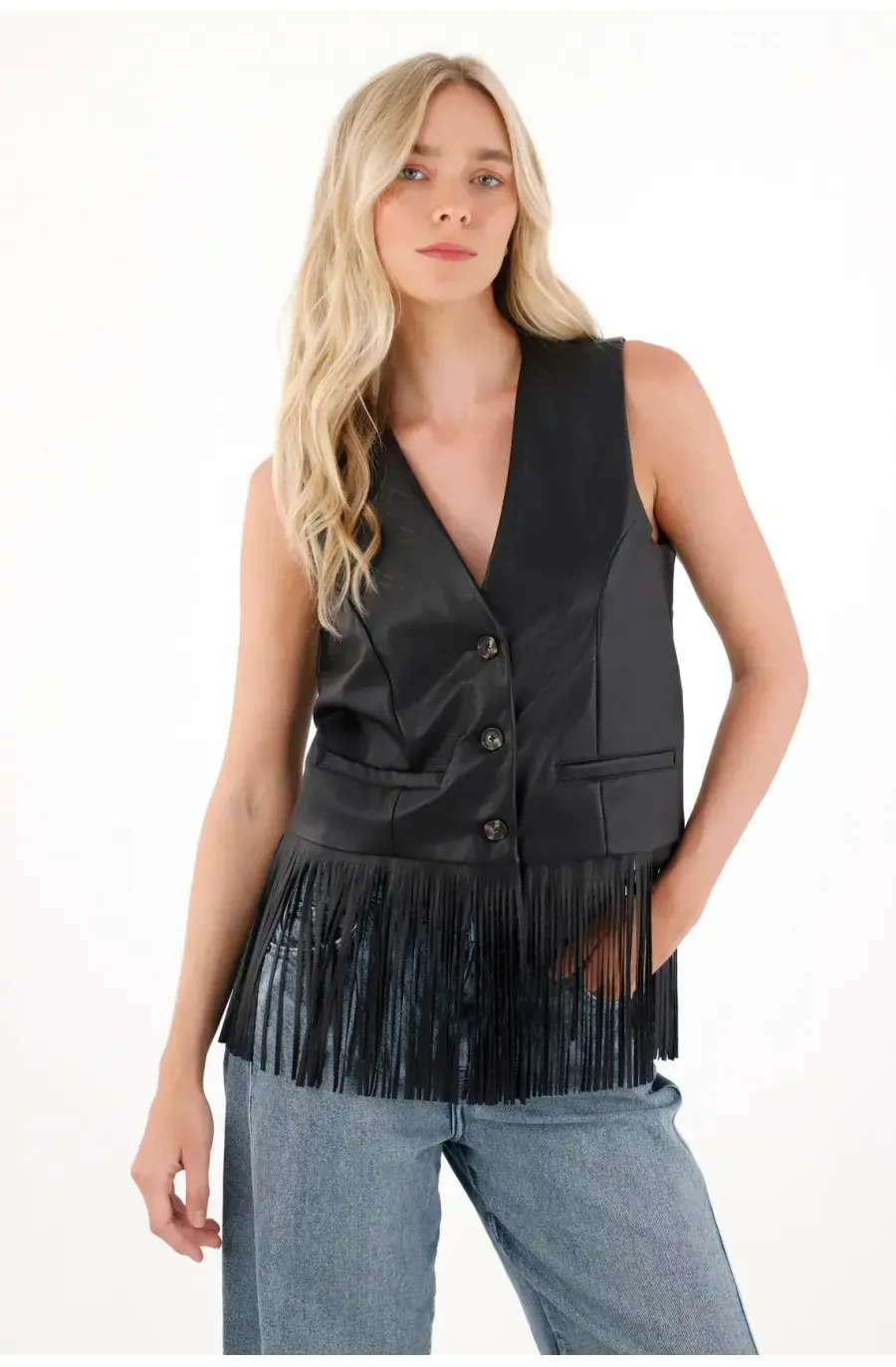 Chaleco en cuero sintético con flecos negro para mujer