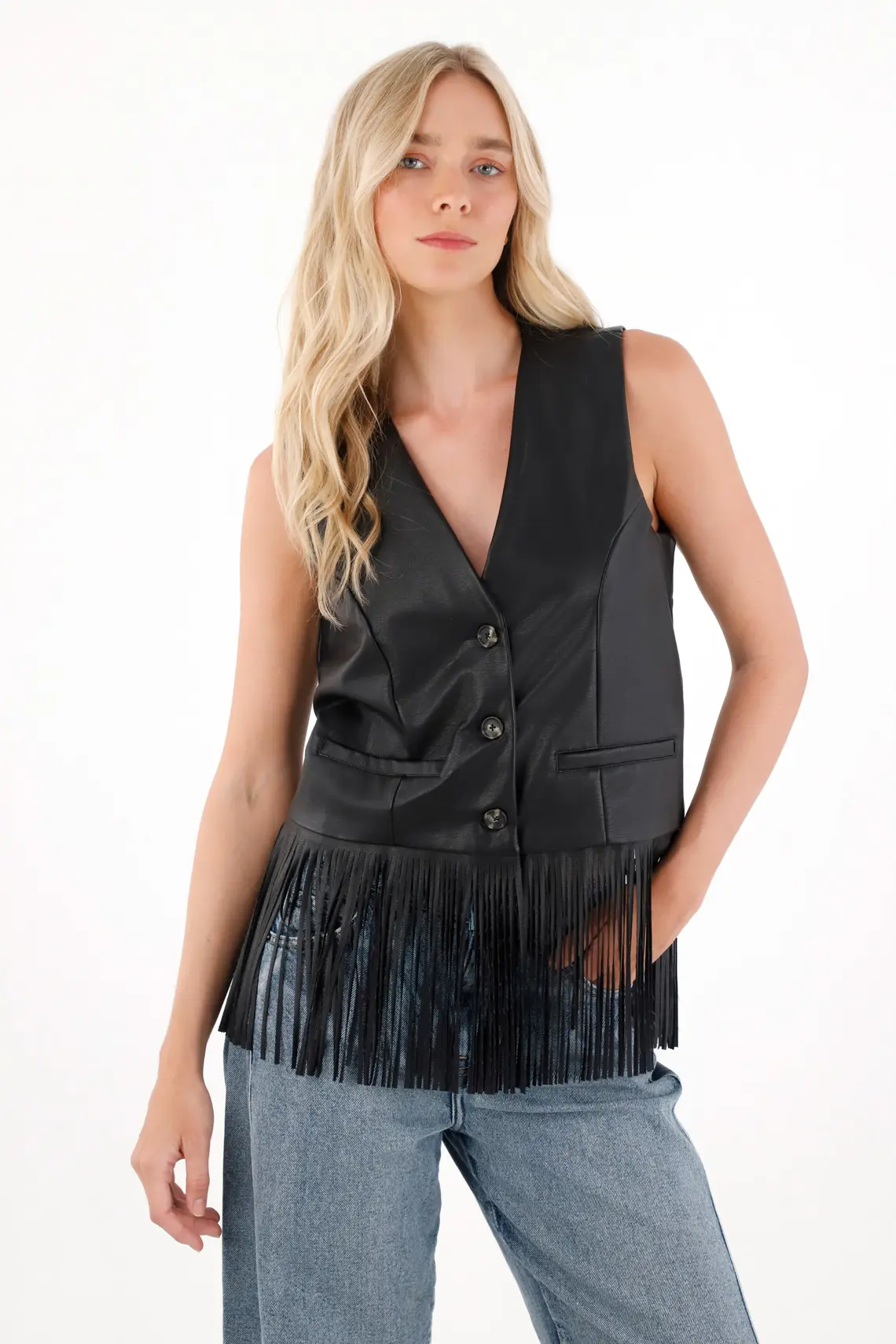 Chaleco en cuero sintético con flecos negro para mujer