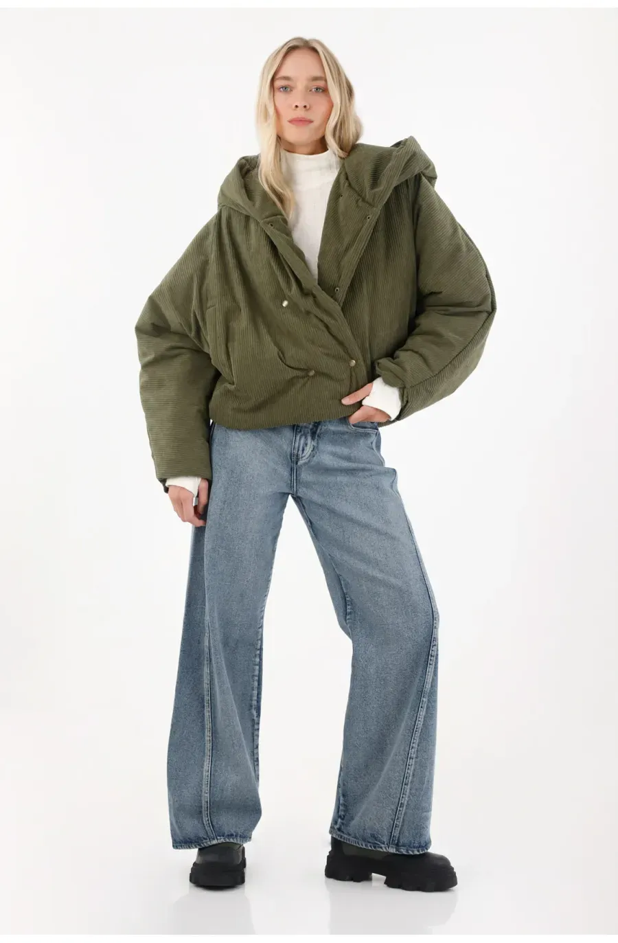 Chaqueta acolchada en corduroy verde para mujer