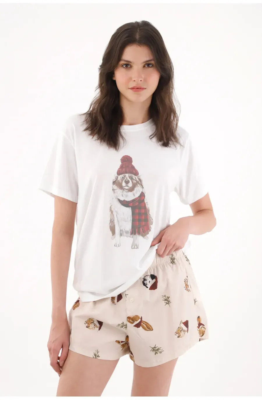 Short tipo pijama con estampado navideño para mujer