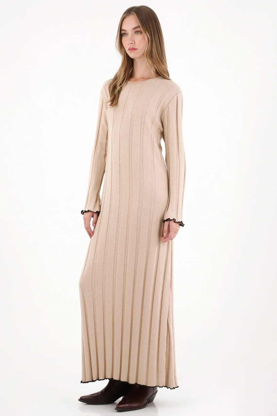 Vestido largo con textura a rayas crudo para mujer