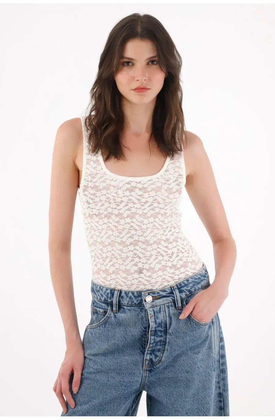 Body con encaje crudo con textura lisa para mujer