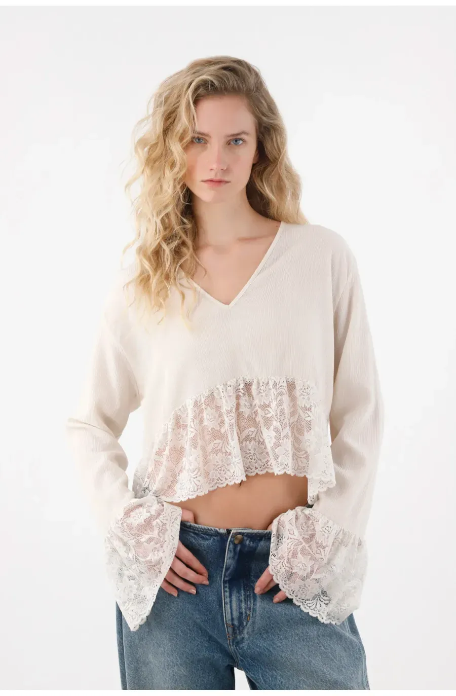 Camisa manga larga de tela con textura gris para mujer