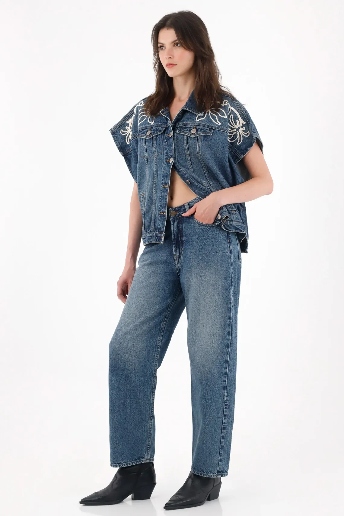 Jean con pretina en V azul para mujer