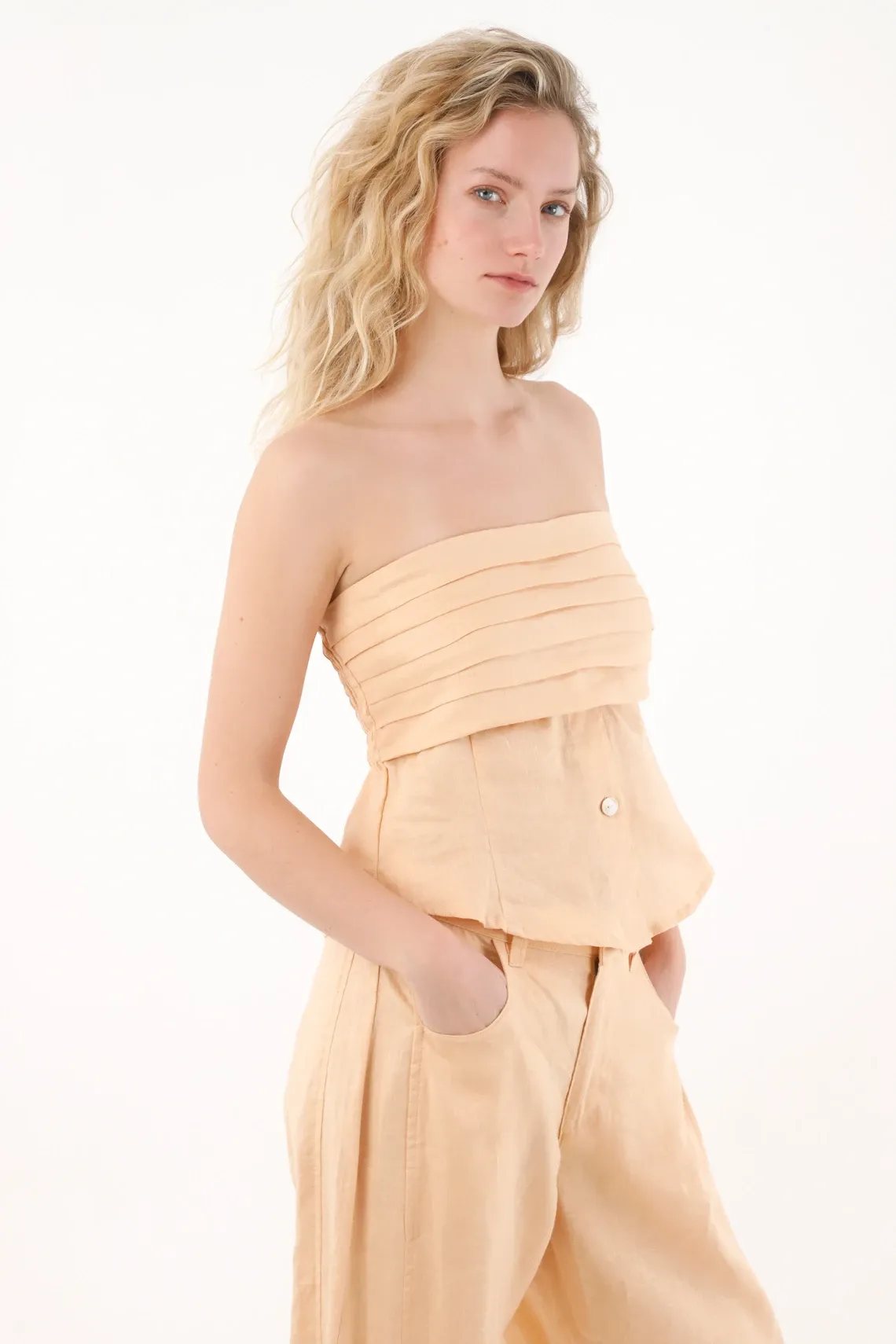 Camisa strapless en lino naranja para mujer