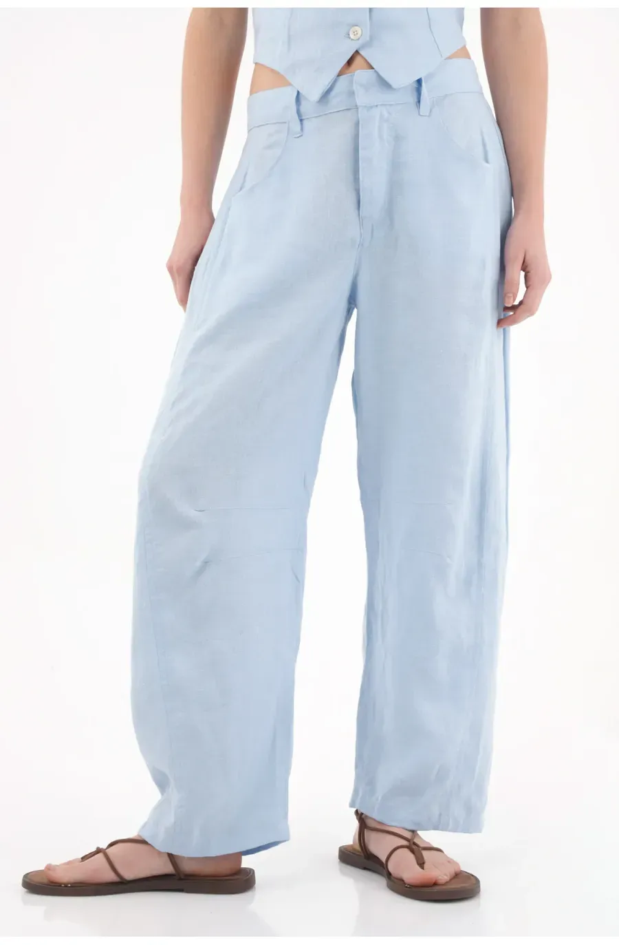 Pantalón en lino con bolsillos azul para mujer